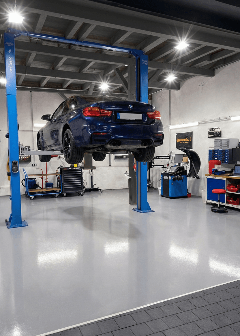 Fahrzeug auf der Hebebühne in der Werkstatt